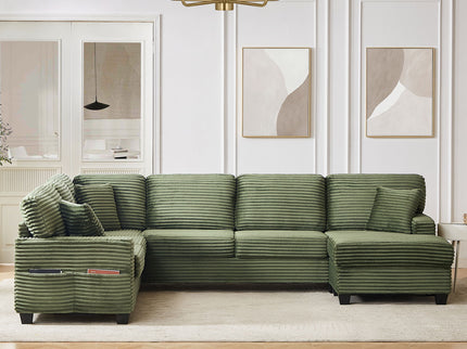 Upholstered U-Shaped Sectional Sofa With Movable Ottoman And Side Storage Pockets