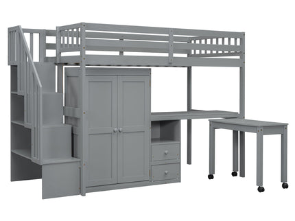 Loft Bed With Stairs, Bookshelf, Drawers, Desk & Wardrobe, Space Saving Multifunctional Furniture