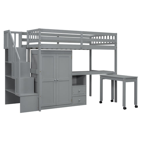 Loft Bed With Stairs, Bookshelf, Drawers, Desk & Wardrobe, Space Saving Multifunctional Furniture