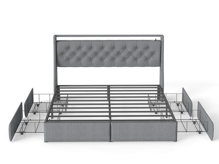 Platform Bed Frame With RGB LED Lights, Charging Station, Storage Headboard & 4 Underbed Drawers