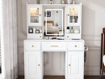 Large Vanity Table Set With Mirror, 6 Drawers & Shelves, Power Socket, Hair Dryer Holder, Cabinet Light, Dressing Desk - White