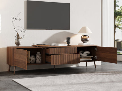 Fluted TV Stand With Storage Drawers And Cabinets For TVs Up To 80", Soft-Close Hinges, Cable Management - Walnut