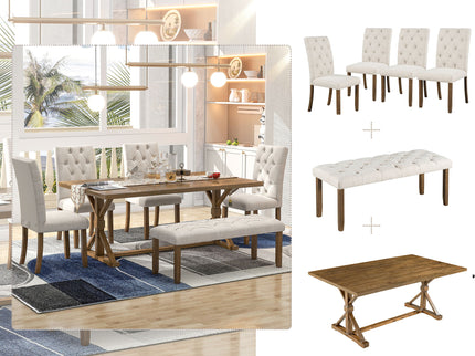 6 Piece Dining Table Set With Rectangular Wood Table, 4 Upholstered Chairs, Bench