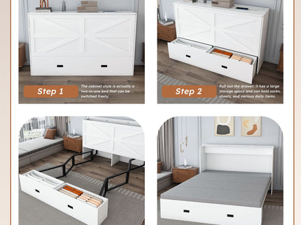 Full Murphy Bed With Storage Drawers, Charging Station, Foldable Panels, And Silent Swivel Wheels