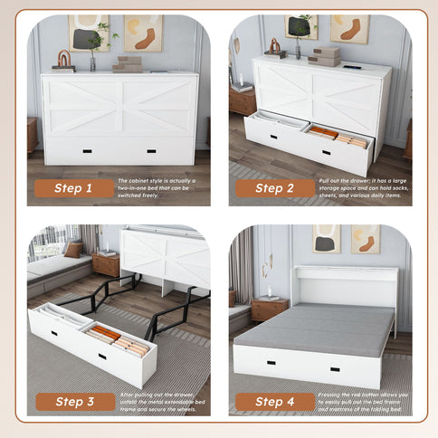 Full Murphy Bed With Storage Drawers, Charging Station, Foldable Panels, And Silent Swivel Wheels