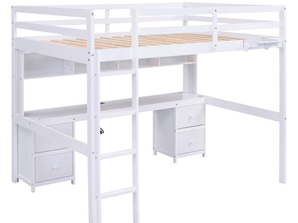 Loft Bed With Desk, Cabinets, Drawers, Charging Station And Bedside Tray