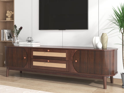 TV Stand For TVs Up To 75'', Cabinet With Drawers And Sliding Doors, Living Room Entertainment Console - Natural Wood / Brown