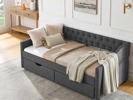 Upholstered Tufted Daybed With 2 Drawers, Waved Arms