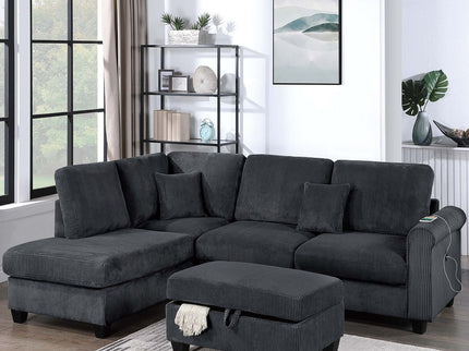 Contemporary Sectional Set With Right Arm Chaise, Left Arm Sofa With USB Port, Storage Ottoman