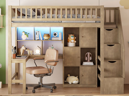 Loft Bed With Built In L Shaped Desk, LED Lights, Storage Shelves, Cabinets, And Staircase