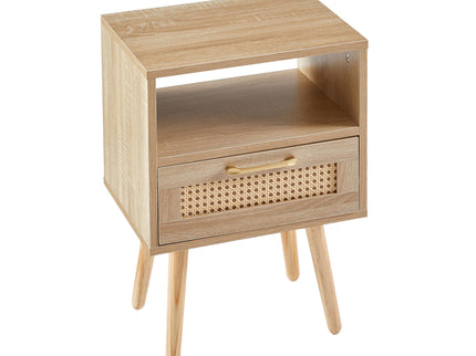 15.75" Rattan End Table With Drawer And Solid Wood Legs, Modern Nightstand, Side Table For Living Room, Bedroom