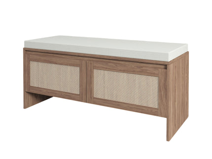 Storage Bench With Cushion, Shoe Cabinet With 2 Doors - Antique Natural / Rattan