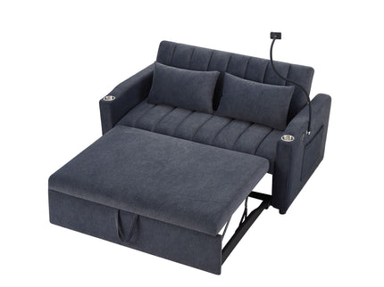 Convertible Sofa Bed Loveseat Sofa With Three USB Ports, Two Side Pockets, Two Cup Holders And 360° swivel Phone Holder For Living Room