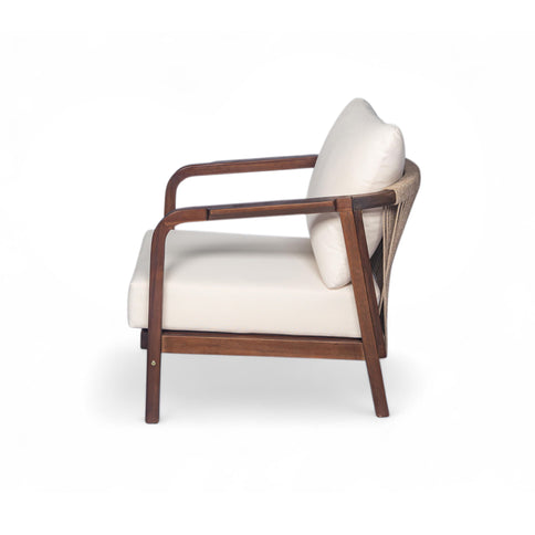 Outdoor Lounge Chair With Woven Backrest, Solid Wood Frame, Comfortable Cushions