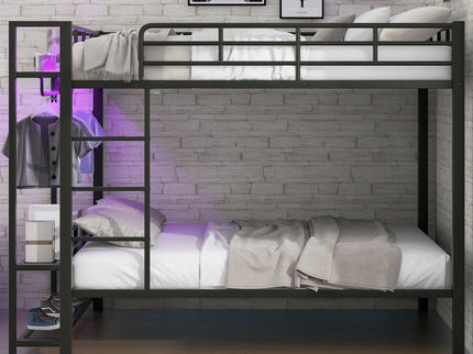 Bunk Bed With Storage Shelves, Clothes Hooks, LED Light
