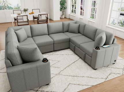Modern U-Shaped Sectional Sofa Convertible Pull-Out Sofa Bed With USB Ports And Cup Holders