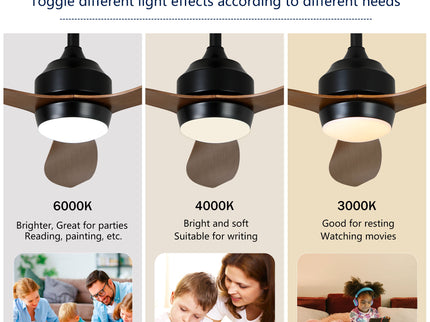 Ceiling Fan With Lights Quiet DC Motor 3 Blade Ceiling Fans 6 Speed Levels, Reversible Ceiling Fan - Matte Black / Wood
