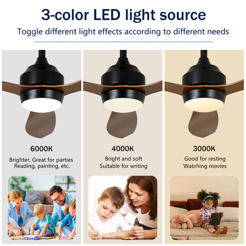 Ceiling Fan With Lights Quiet DC Motor 3 Blade Ceiling Fans 6 Speed Levels, Reversible Ceiling Fan - Matte Black / Wood