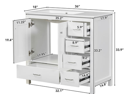 Bathroom Vanity With Ceramic Sink Combo, Abundant Storage Cabinet 2 Soft Close Doors And 5 Drawers
