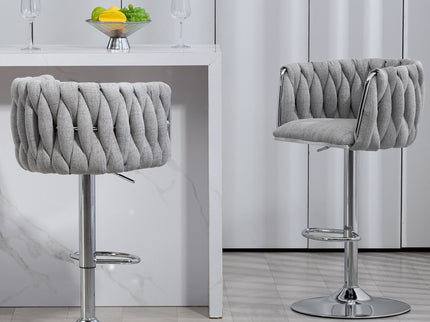 360 Degree Swivel Bar Stools Adjustable Counter Height Bar Chairs With Woven Back & Footrest, Silver Chromed Bar Stools For Kitchen Island (Set of 2) - Gray