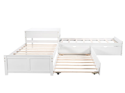 L Shaped Platform Bed With Trundle And Drawers Linked With Built In Desk