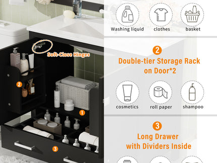 Bathroom Vanity With Sink, Soft Close Doors, Double Shelves & Divided Drawer