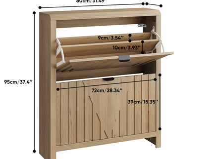 Entryway Shoe Cabinet With Vertical Carved Panels - Oak