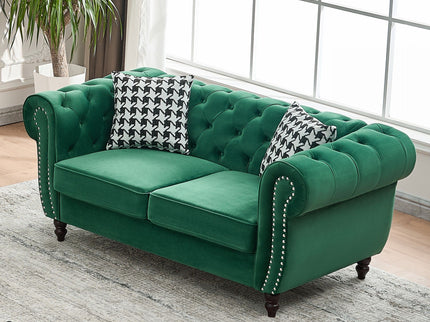 Chesterfield Fabric Sofa With Roll Armrest And Nailhead, Mid Century 2 Seater Couch