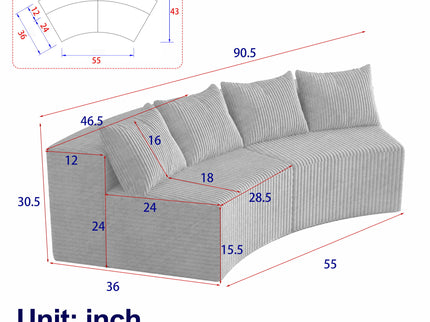 Curved Sectional Sofa With 4 Pillows, Modular Semi Circular Design
