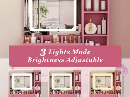 Vanity Desk With LED Mirror Lights And Power Outlet Charging Station, 3 Drawers, 7 Shelves, Storage Stool - Pink