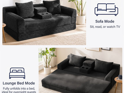 Soft Striped Convertible Sofa Bed, Dual Use Lounge Couch With Cup Holders And Pillows