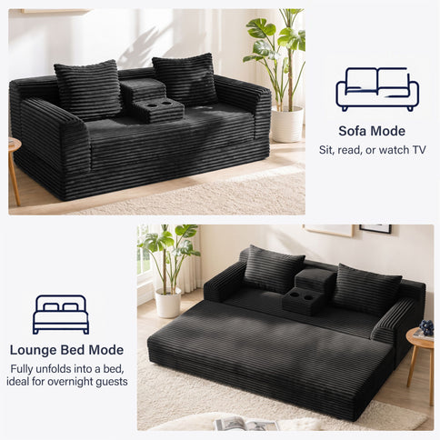 Soft Striped Convertible Sofa Bed, Dual Use Lounge Couch With Cup Holders And Pillows
