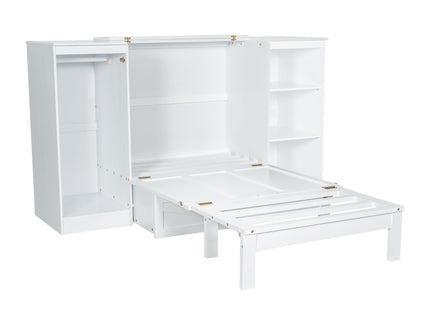 Twin Size Murphy Bed With Bedside Shelves And Wardrobe - White