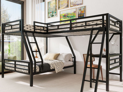 Twin Over Full Bunk Bed With Loft And Desk, L-Shaped Design For 3 Sleepers - Black
