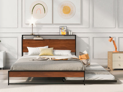 Platform Bed Frame With Trundle, USB Ports And Slat Support, No Box Spring Needed