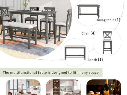 Counter Height Dining Set With Shelf, 4 Chairs And Bench