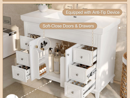 Bathroom Vanity & Sink, 6 Soft Close Drawers & Double Doors - White