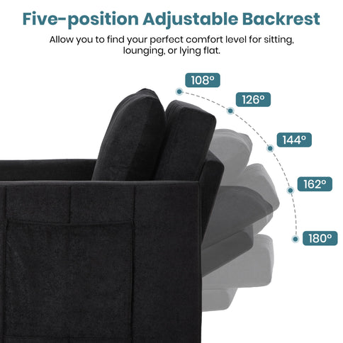 Upholstered Convertible Sleeper Sofa With 5 Position Backrest, Side Pockets, Storage