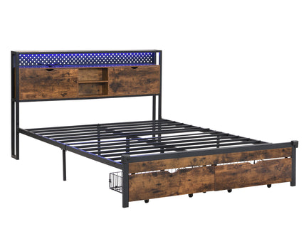 Modern Metal Platform Bed Frame With Wooden Headboard, USB Charging Station, Storage Drawers