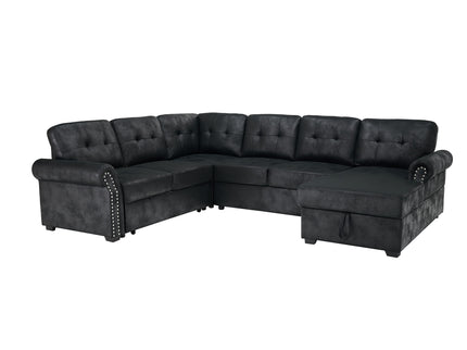 U Shape Sectional Sleeper Sofa With Pull Out Bed And Storage Chaise - Black