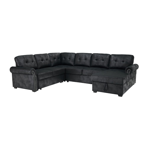 U Shape Sectional Sleeper Sofa With Pull Out Bed And Storage Chaise - Black