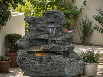 Concrete Rock Waterfall Fountain With LED Lights, Outdoor Garden Decor