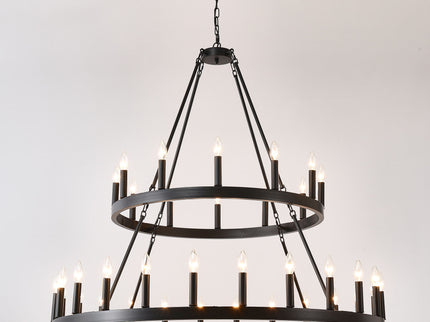 2 Tiers Wagon Wheel Chandelier Wooden Farmhouse 36 Light (24 / 12) Or (12 / 24) Metal Chandeliers 2 Story Light Fixtures Industrial For High Ceiling Living Dining Room Foyer, Adjustable Height - Black
