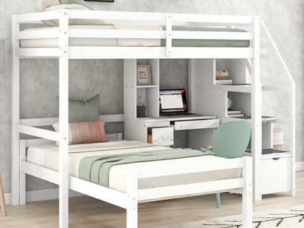 Loft Bed With Stand Alone Bed, Storage Staircase, Desk, Shelves, And Drawers