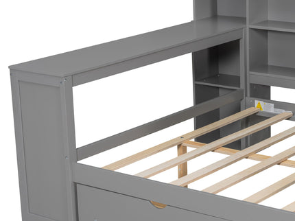 Platform Bed With Upholstered Headboard, Storage Shelves, Drawers, Charging Station, LED Lighting, Built In Desk