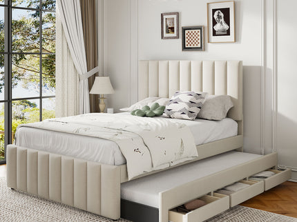 Upholstered Platform Bed With Twin Size Trundle And 3 Drawers