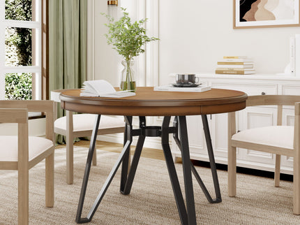 Mid Century Modern Round Dining Table With Metal Legs And Open Shelf