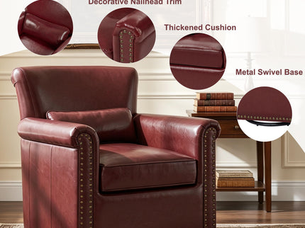 Swivel Accent Chair With Rolled Arm, Sewn Pillow Back, Nailhead Trim For Living Room