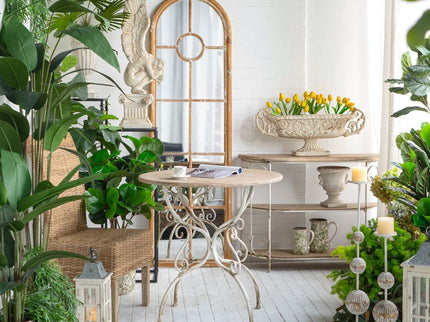 Round Wooden Table With Metal Scrollwork Legs - White Washed