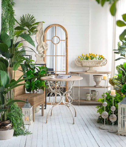 Round Wooden Table With Metal Scrollwork Legs - White Washed